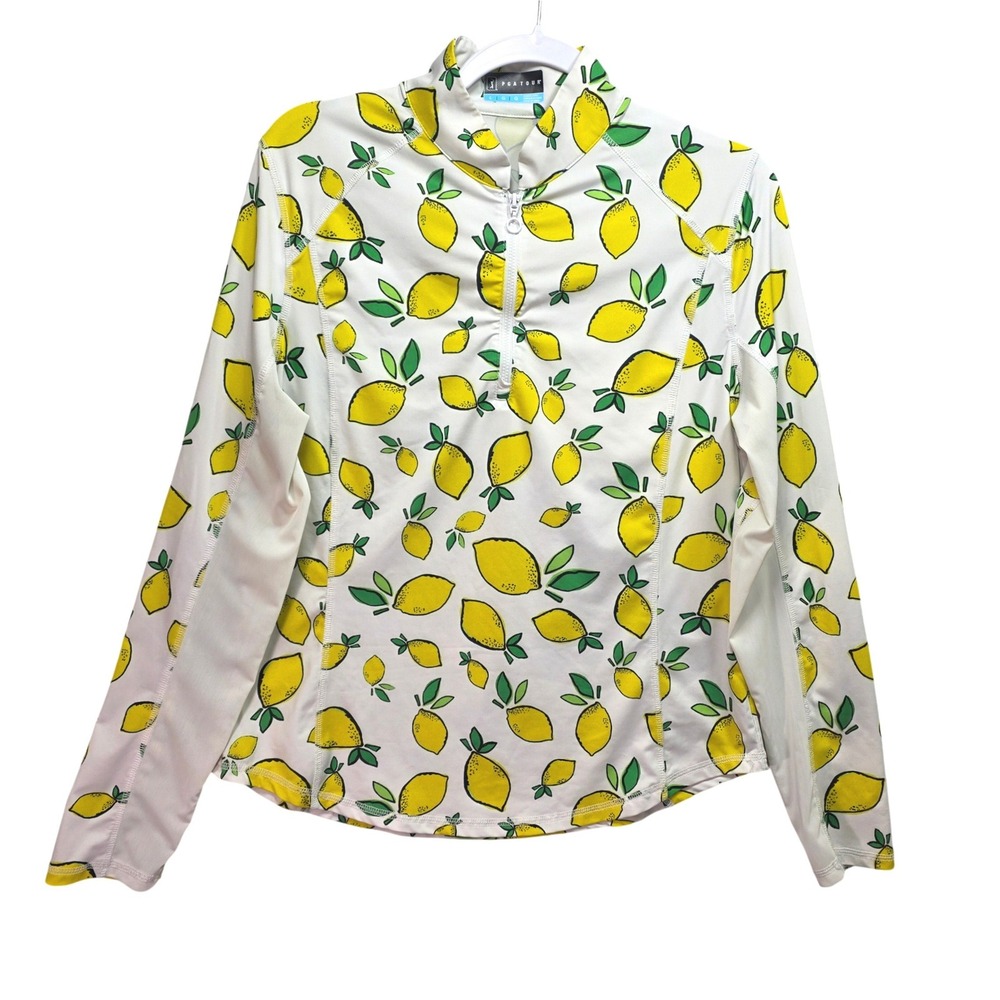 PGA Tour Womens Lemon Print Quarter Zip Golf Top White Yellow Large‎ Activewear